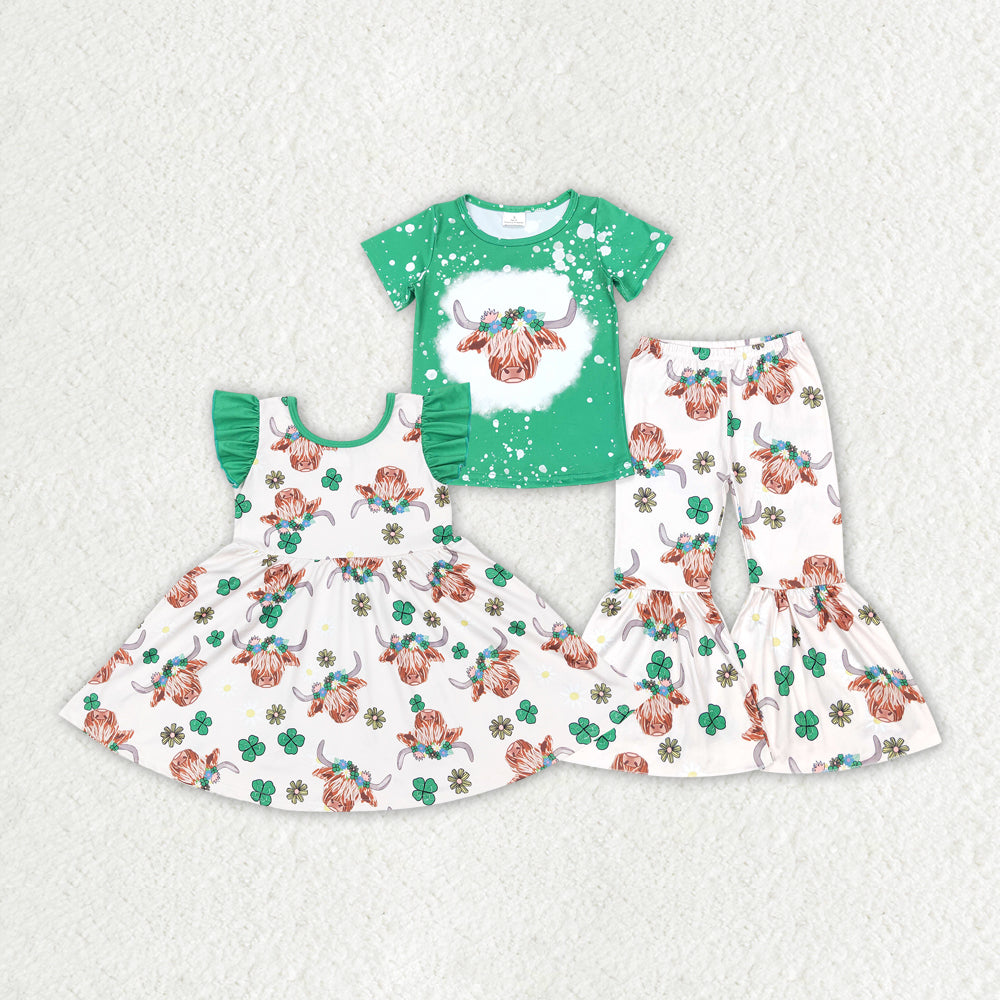 Baby Girl Short Sleeves St Patrick Cow Sibling Dress Outfits Set