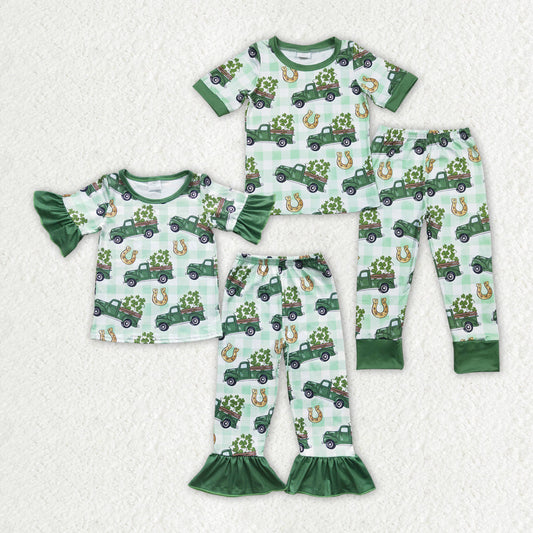 Baby Boy Girl Short Sleeves Car Green Pants St Patrick Day Sibling Pajamas Set