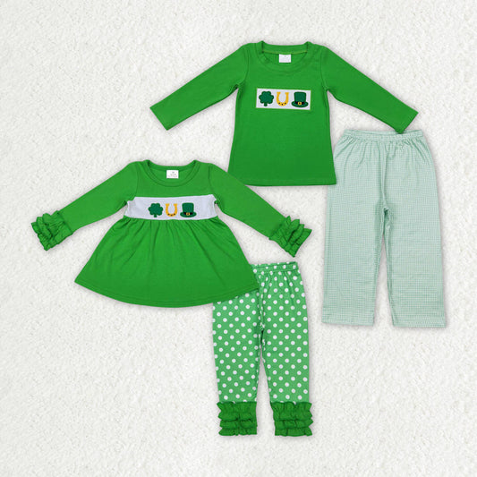 Baby Boy Girl Long Sleeves St Patrick Day Embroidery Sibling Green Set