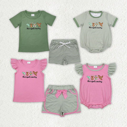 Sibling Baby Boy Girl Short Sleeves Embroidery Ducks Deer Fish Hunting Romper Clothes Set