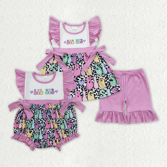 Baby Girl Short Sleeves Big Little Sister Purple Bows Sibling Romper Clothes Set RTS