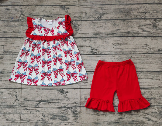 Preorder Baby Girl Short Sleeves 4th Of July Bows Tunic Ruffle Shorts Set ( No moq )