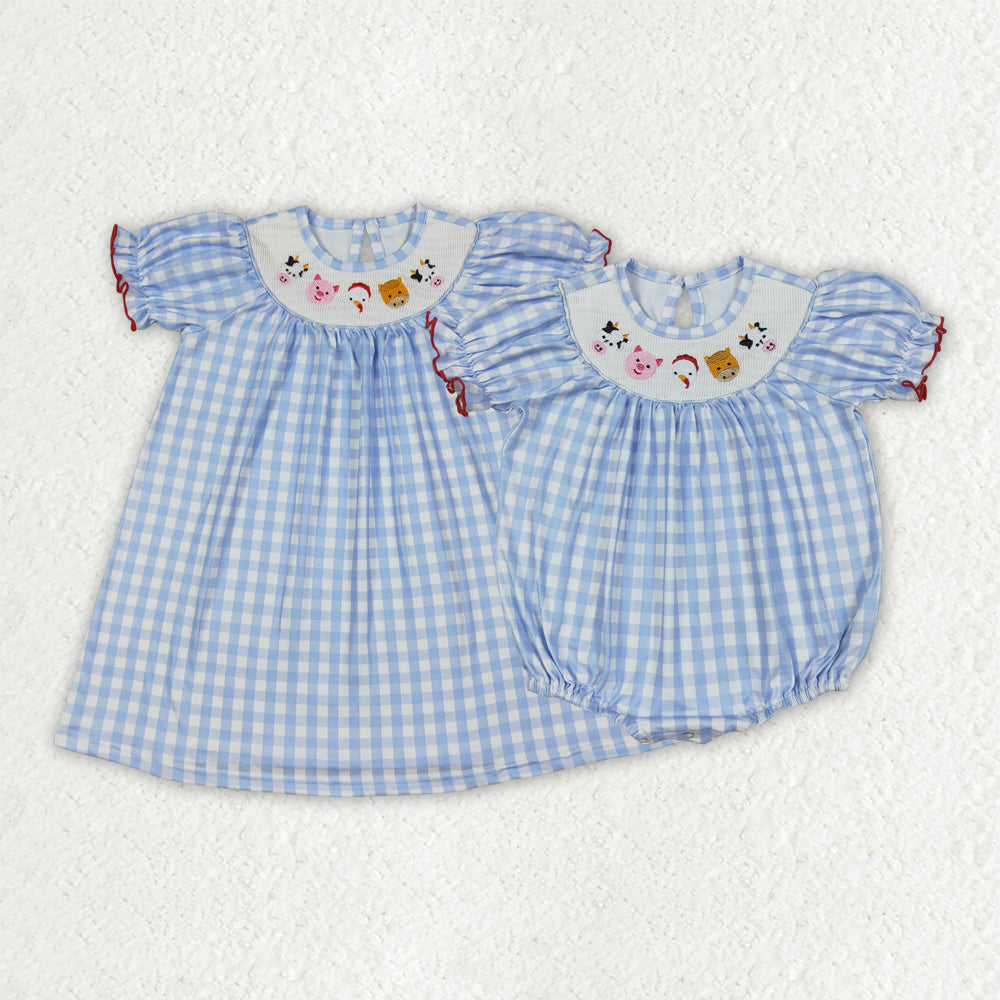 Sibling Baby Girl Short Sleeves Embroidery Farm Animals Smocked Blue Plaid Sibling Romper Dress Clothes RTS