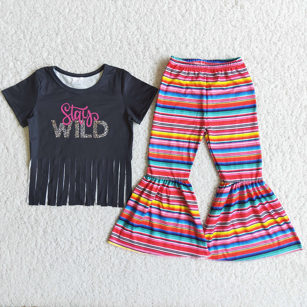 Promotion Baby Girl Stay Wild Tassel Black Shirt Stripes Pants Set