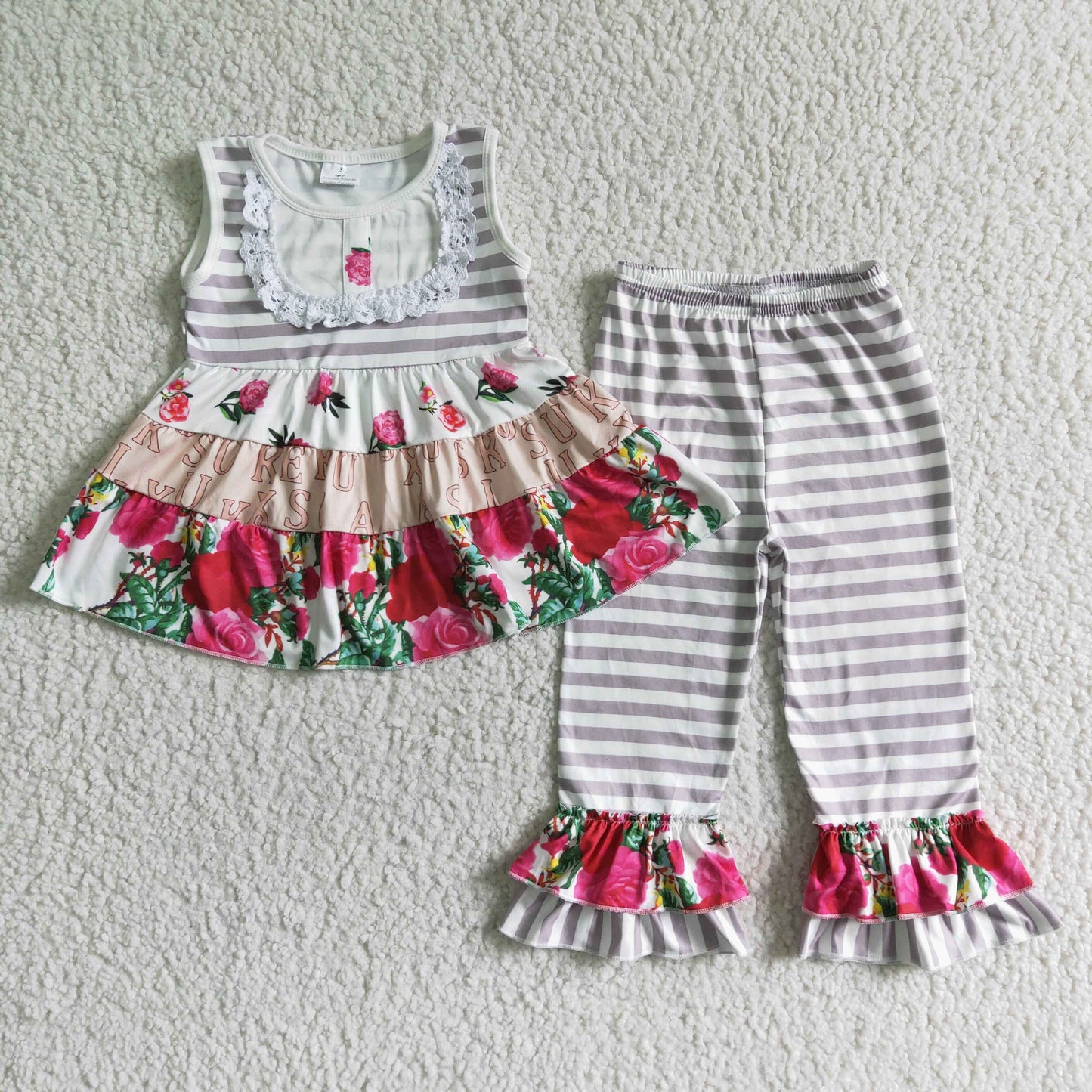 Promotion Baby Girl Stripes Floral Tops Stripes Pants outfit