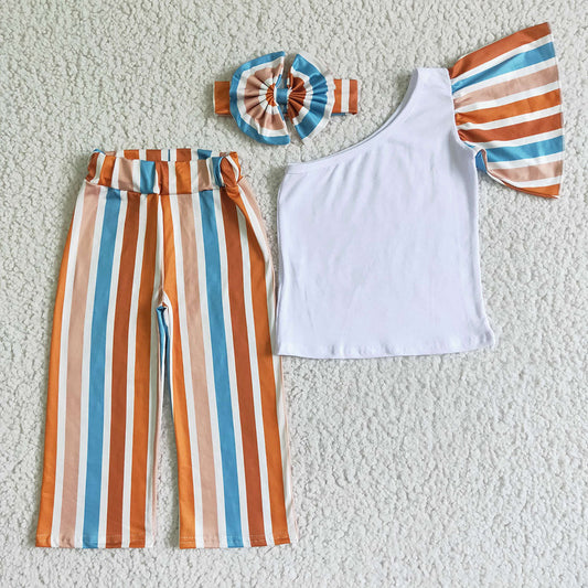 Promotion Baby Girl One shoulder Shirt Stripes Pants Set