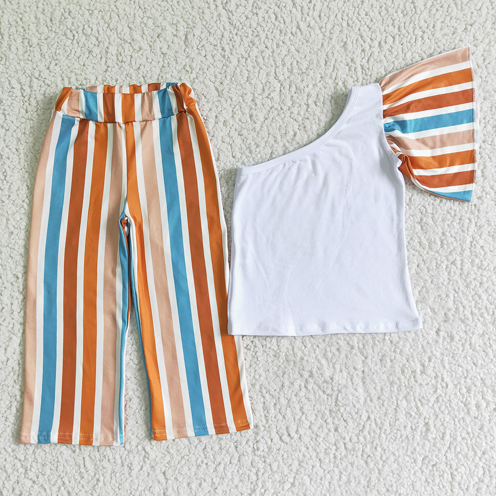 Promotion Baby Girl One shoulder Shirt Stripes Pants Set