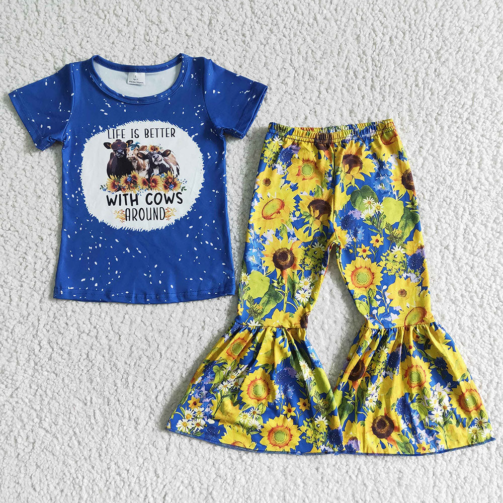 Promotion Baby Girl Blue Shirt Sunflower Bell Pants Set