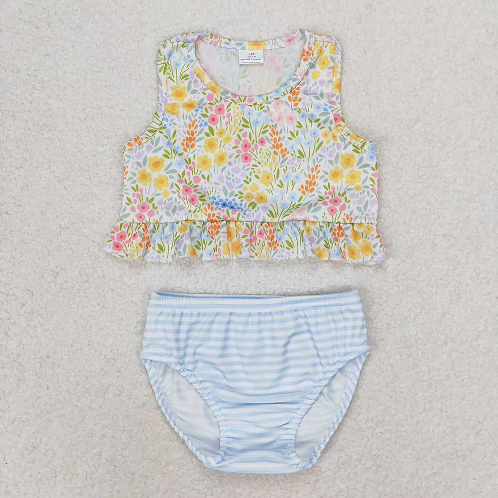 Baby Girl Bathing Suit Floral Tops Stripes Shorts Set Swimsuit