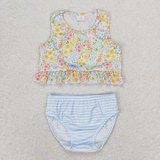 Baby Girl Bathing Suit Floral Tops Stripes Shorts Set Swimsuit