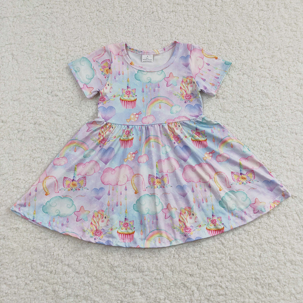 Promotion Baby Girl Rainbow Unicorn Short Sleeves Dress