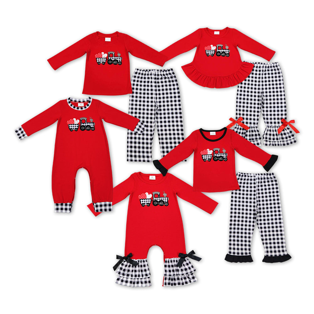 Baby Boy Girl Kids Valentines Embroidery Hearts Tractor Sibling Romper Clothes Set