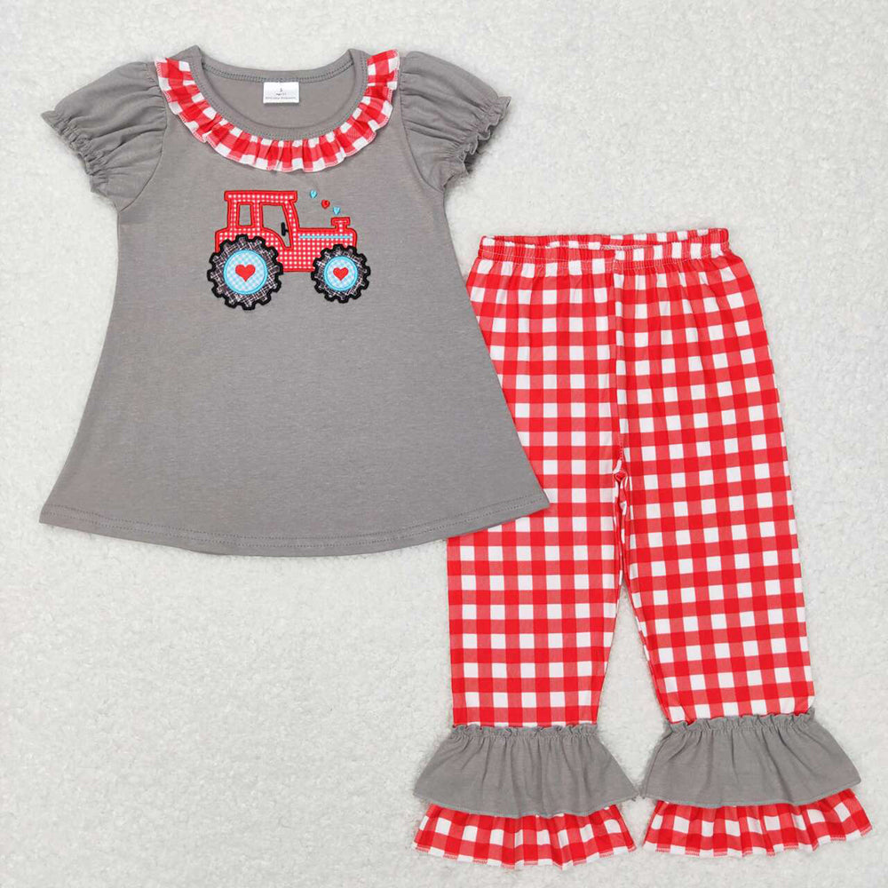 Baby Boy Girl Valentines Embroidery Tractor Sibling Romper Set