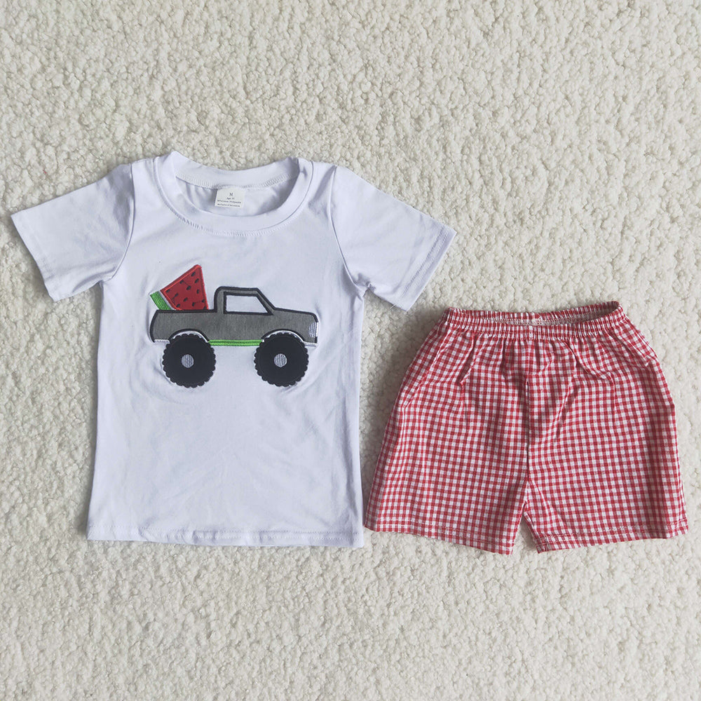 Promotion Baby Boy Embroidery Watermelon Tractor Shirt Plaid Shorts Set