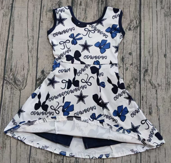 ( Moq 5  ) Girls Kids Sleeveless Team Bows Stars Cowboy Blue Shorts Dress