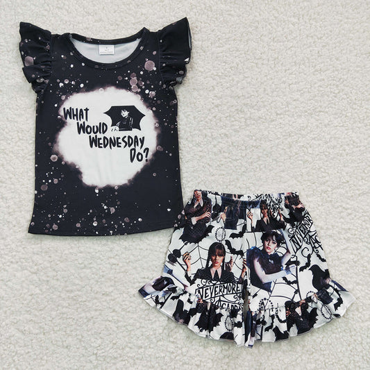 Promotion Baby Girl Black Short Sleeves Movie Shirt Ruffle Shorts Outfit