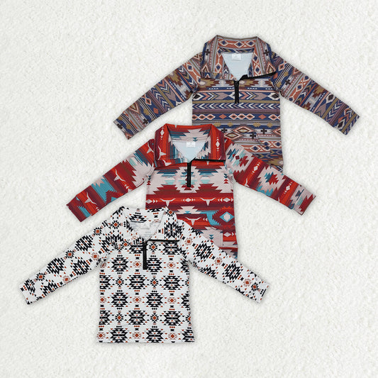 Baby Boy Kids Long Sleeves Western Aztec Zipper Sibling Pullover Shirt