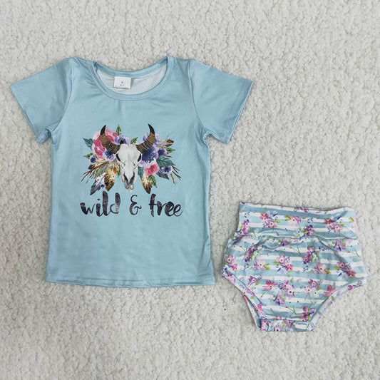 Promotion Baby Girl Short Sleeves Cow Shirt Floral Bummies Shorts Blue Set