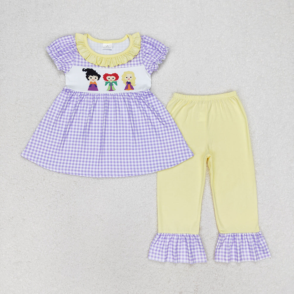 Baby Girl Short Sleeves Purple Plaid Tops Pants Halloween Set