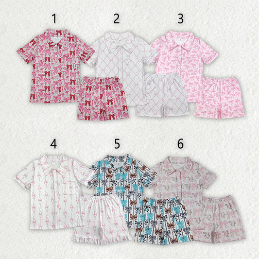 Adult Women Short Sleeves Bows Pocket Buttons Shirt Shorts Pajamas Set RTS