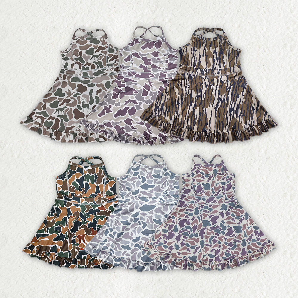 Baby Girl Straps Camo Yoga Ruffle Knee Length Dress Sibling Clothes RTS