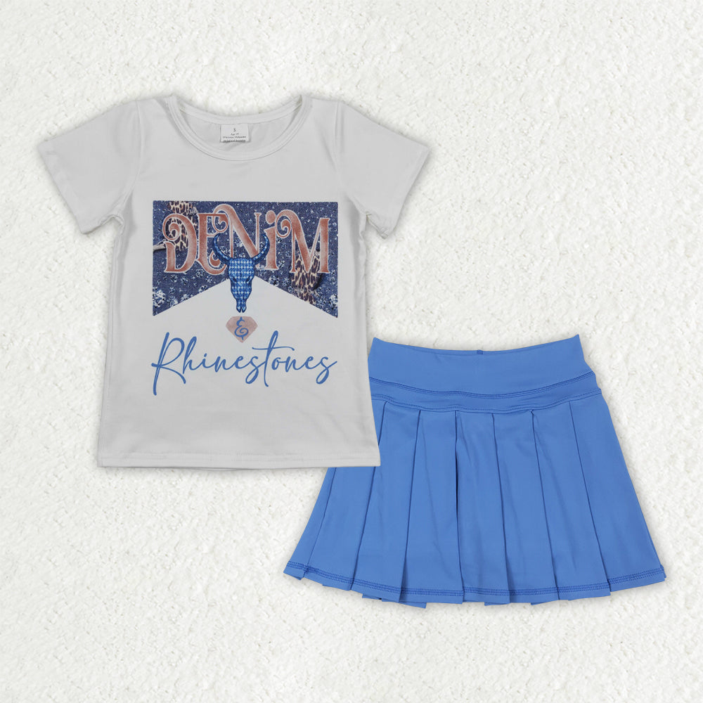 Baby Girl Short Sleeves Western Cow Shirt Blue Pleated Skort Yoga Active Set