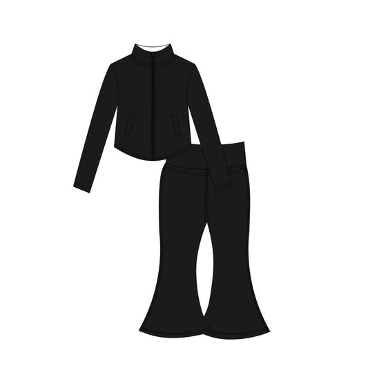 ( Moq 10 ) Baby Girl Black Long Sleeves Pockets Zipper Tops Bell Bottom Pants Activity Wear Yoga Set