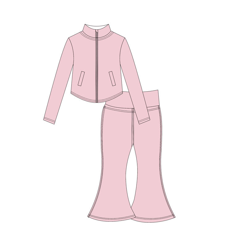 ( Moq 10 ) Baby Girl Light Pink Long Sleeves Pockets Zipper Tops Bell Bottom Pants Activity Wear Yoga Set
