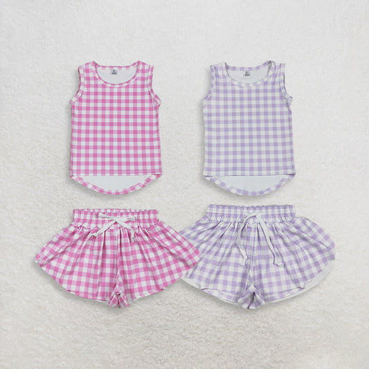 Sibling Baby Girls Kids Sleeveless Plaid Tops Shorts Sets Yoga Active Clothes RTS