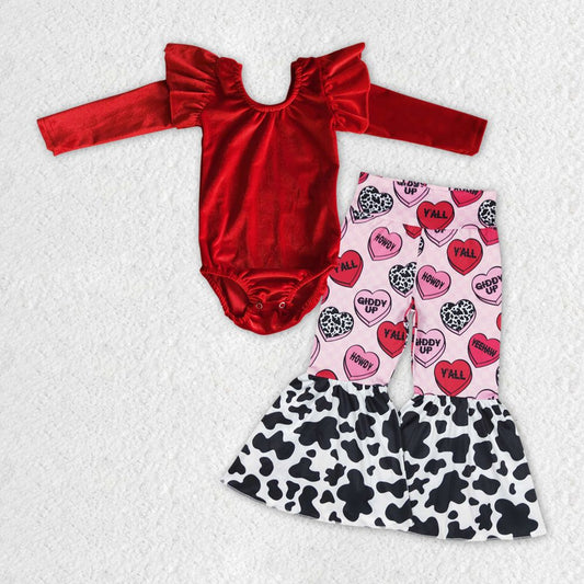 GLP1150 Baby Girl Red Velvet Romper Hearts Bell Pants Valentine's Set