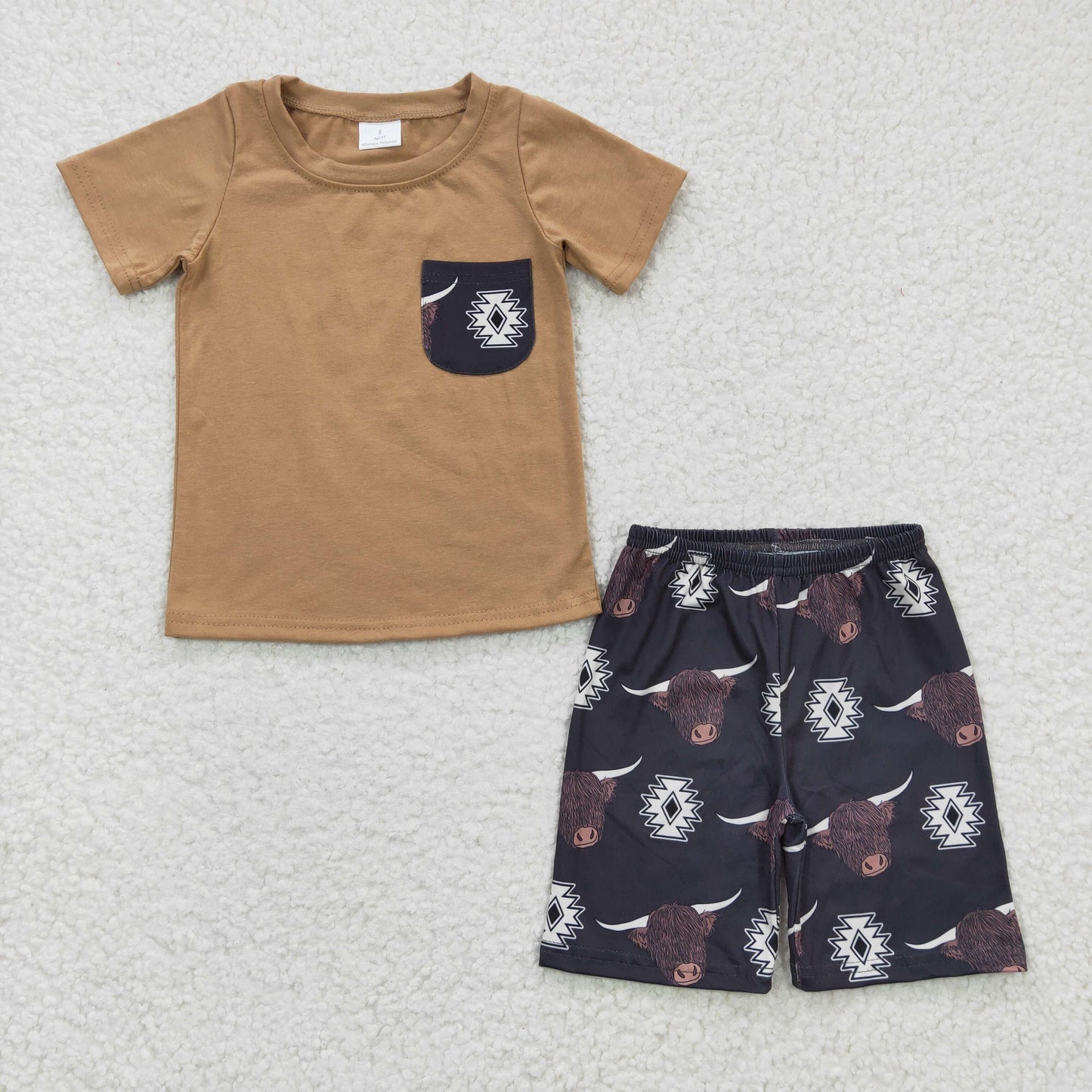 BSSO0148 Baby Boy Western Short Sleeves Pocket Shirt Cow Shorts Summer Outfit