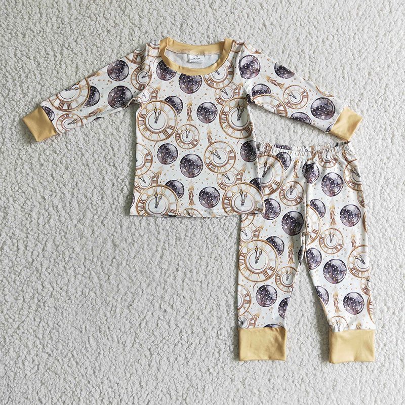 BLP0101 Baby boy Clock print long sleeves Kids Happy New Year Outfit pajamas