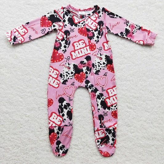 LR0235 Baby Newborn Be mine heart cow Zip Valentine's Romper footed coverall