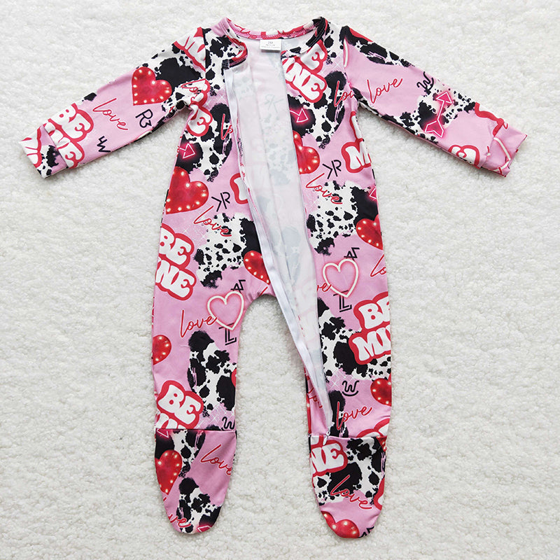 LR0235 Baby Newborn Be mine heart cow Zip Valentine's Romper footed coverall