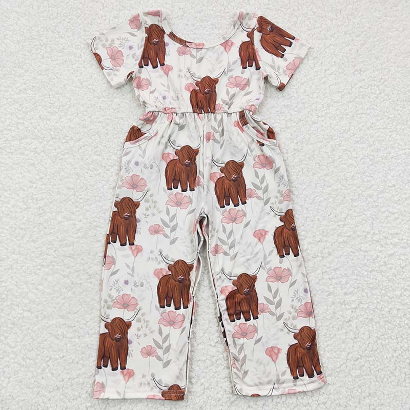 SR0227 Western Cow Baby Girl Short Sleeves Floral Pocket Jumpsuit