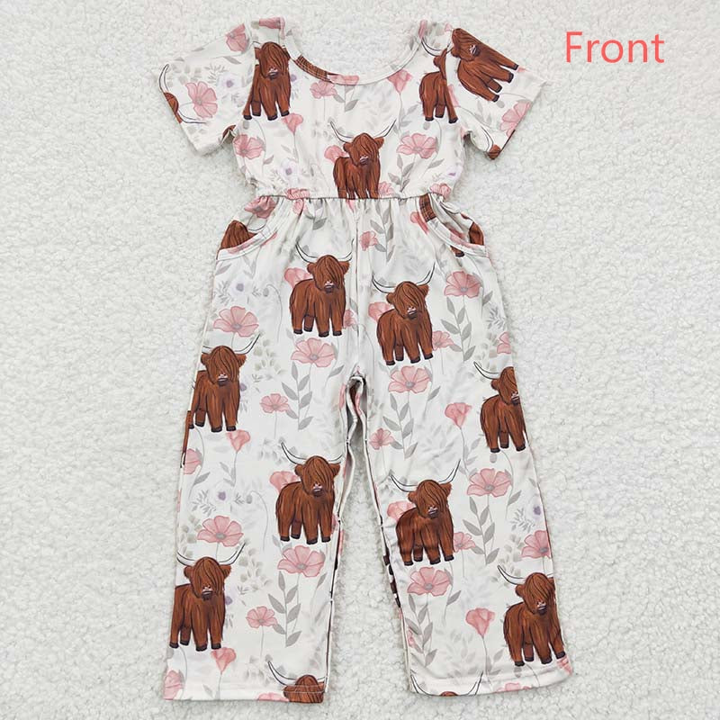 SR0227 Western Cow Baby Girl Short Sleeves Floral Pocket Jumpsuit