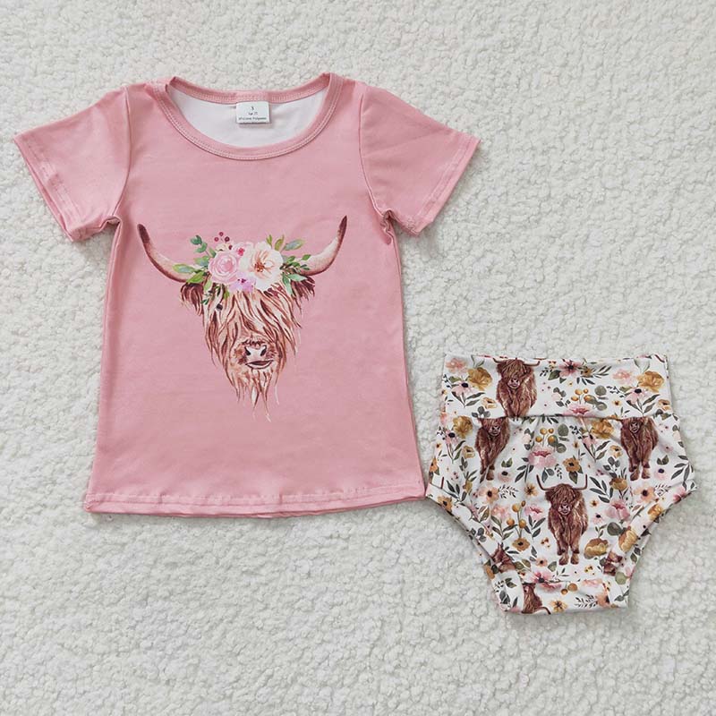 GBO0074 Baby Girl Summer  Western Cow Floral Short Sleeves Shirt Bummie Outfit