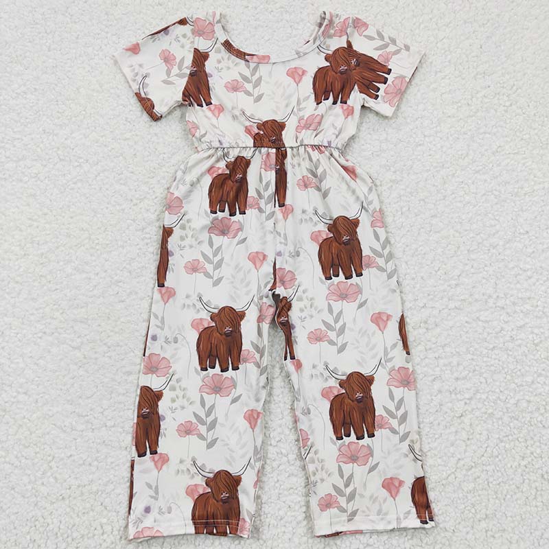 SR0227 Western Cow Baby Girl Short Sleeves Floral Pocket Jumpsuit