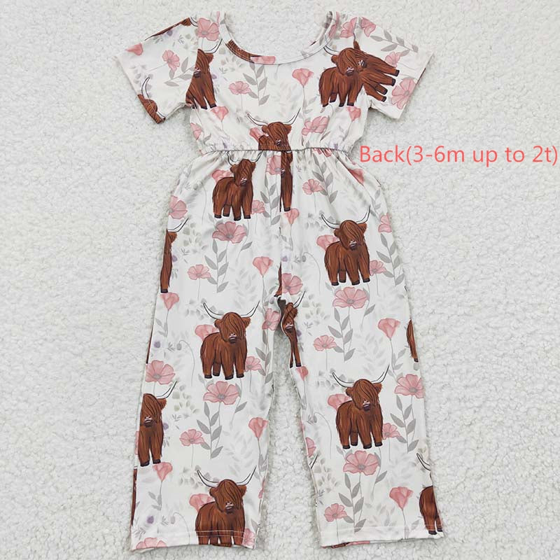 SR0227 Western Cow Baby Girl Short Sleeves Floral Pocket Jumpsuit