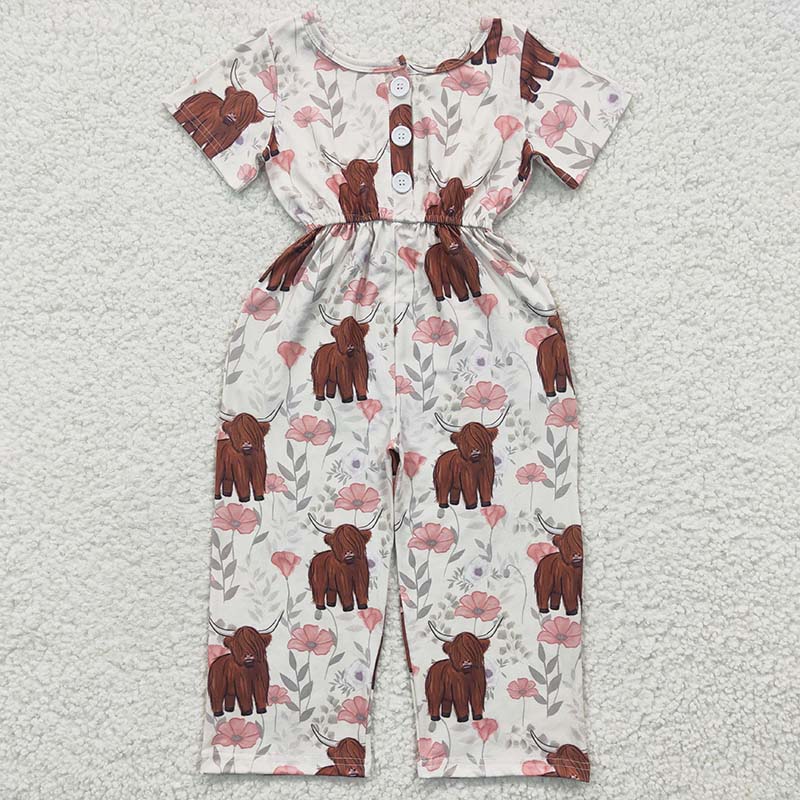 SR0227 Western Cow Baby Girl Short Sleeves Floral Pocket Jumpsuit