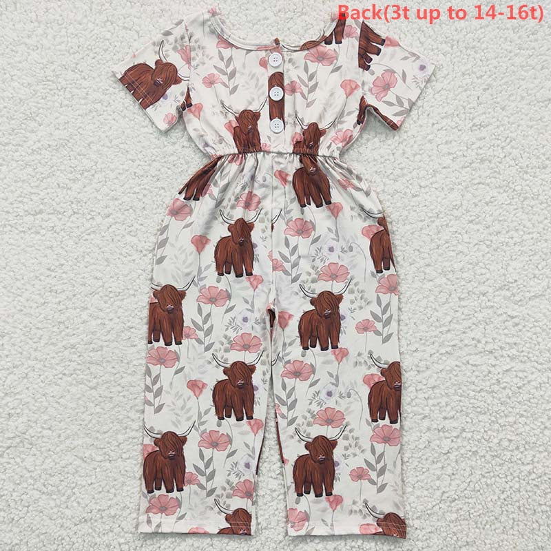 SR0227 Western Cow Baby Girl Short Sleeves Floral Pocket Jumpsuit