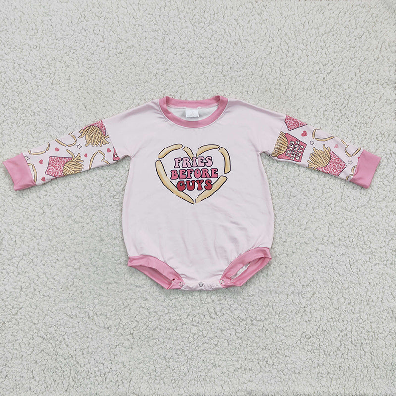 LR0231 Baby Girl Kids Fries Heart Pink Valentine's Day Romper