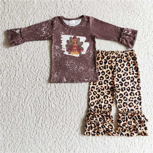 6 C9-40 Kids Baby Girl turkey Thanksgiving Leopard Ruffle Pants Fall Outfit