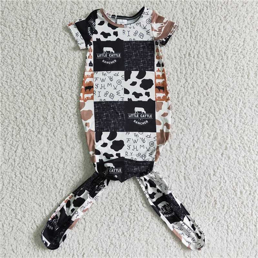 NB0002 Knotted Baby Newborn Gown Western Cow Print Romper