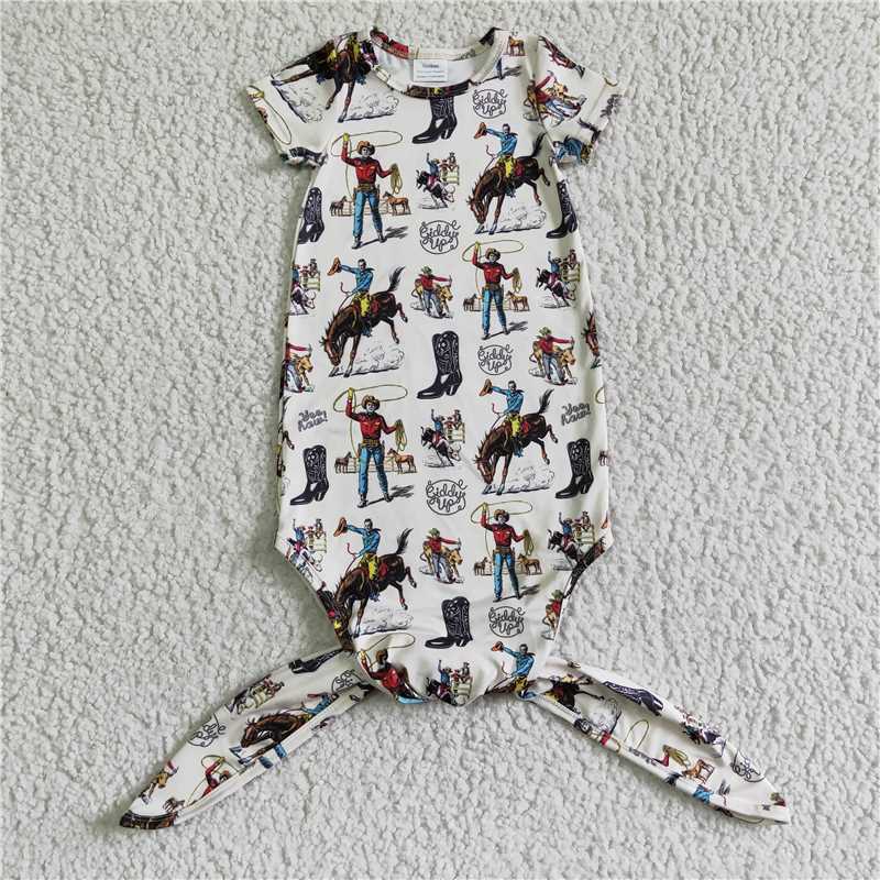 NB0005 Knotted Baby Newborn Gown Western Horse Romper