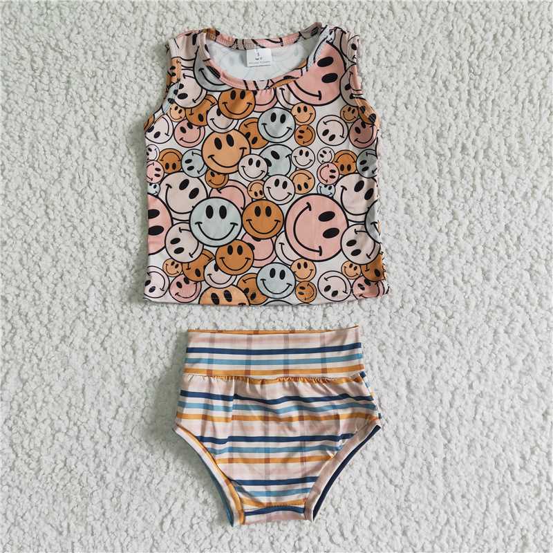 GBO0043 Baby Girl Happy Face Stripe Bummies Outfit