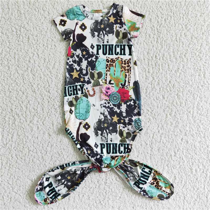 NB0008 Knotted Baby Newborn Gown Western Cow Design Romper