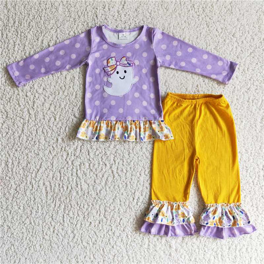 GLP0200 Baby Girl Halloween Embroidery Ghost Purple Ruffle Pants Outfit