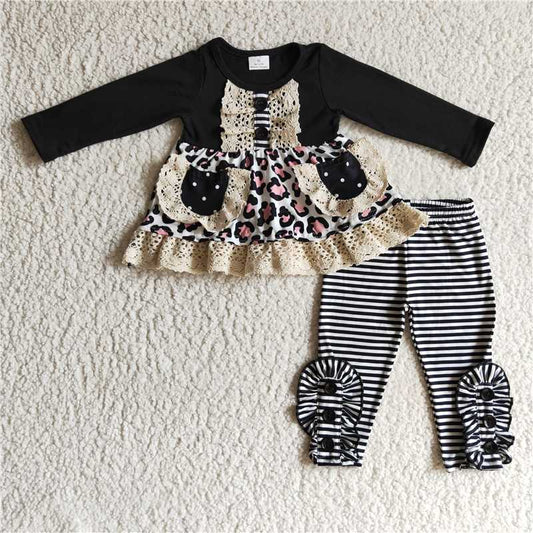 GLP0232 Baby Girl Leopard Pocket Stripe Ruffle Pants Outfit