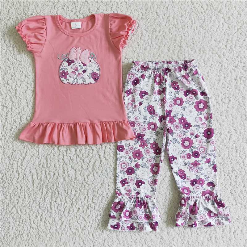 GSPO0191 Baby Girl Embroidery Pumpkin Floral Pants Outfit